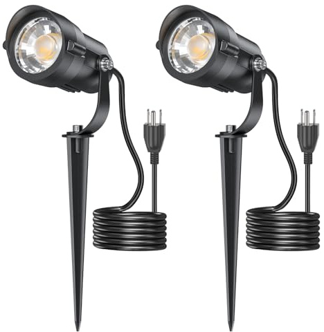 HIBOITEC 12W Spot Lights Outdoor 110V to 120V Landscape Lighting Waterproof Spotlight with 4.9ft 3-Plug LED Plug in Landscape Lights for Yard Garden Decorations 2900K 2 Pack