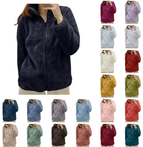RUIRUILICO Veste Polaire Femme Zippé Col Montant Chaud Gilet Imitation Peau de Mouton Hiver Manches Longues Décontracté Classique Sherpa Manteaux Couleur Unie
