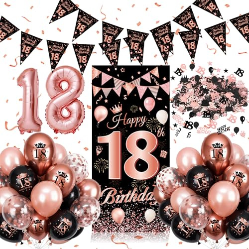 Decoracion 18 Cumpleaños, 18 Cumpleaños Chica Oro Rosa Negra, Globos 18 Cumpleaños Decoracion con pancarta, Foil Número 18, Confeti, Globos de Látex para Fiesta de 18 Años Chica