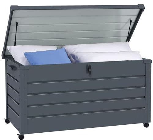 Outsunny Coffre de rangement extérieur 311L en acier galvanisé avec roulettes, vérin à gaz et poignée, coffre de jardin 120 x 62 x 66 cm gris