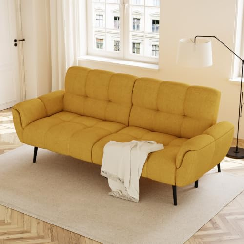 JIEXI Modern Clic Clack Sofa Bed Double, 3 Seater Fabric Couch with Adjustable Backrest, Small 2 Seater Settee Guest Bed for Living Room Office Apartment, 190cm (Yellow)