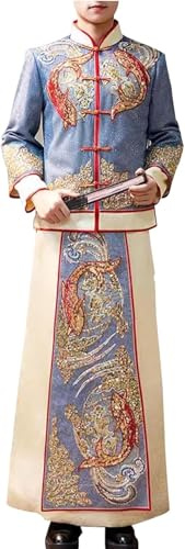 Kinesisk bröllopsklänning, Blå manlig kinesisk bröllopsklänning Xiuhe klänning Underbara broderade toppar Kjol Qipao kostym for tillfällen som äktenskap(M)