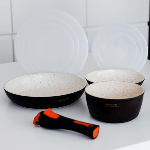 ECODE® Set de 3 Piezas de Sartenes con Revestimineto Cerámico y Granito con Mango Extraible Granite Stone (2 sartenes, 1 cazo y 2 tapas) Apto para Inducción y Vitro