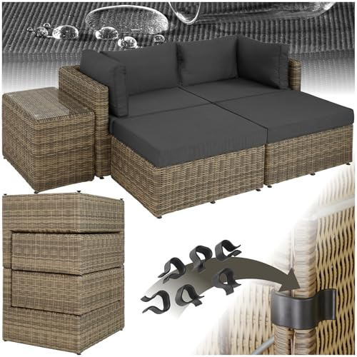 tectake® Luxus Rattan Lounge Set Outdoor, modulares Sofa mit Couch Tisch und Hocker, Balkon Möbel, Garten, Terrasse, Aluminium Gartenmöbel Set wetterfest, Balkon Lounge, Gartenlounge - Natur
