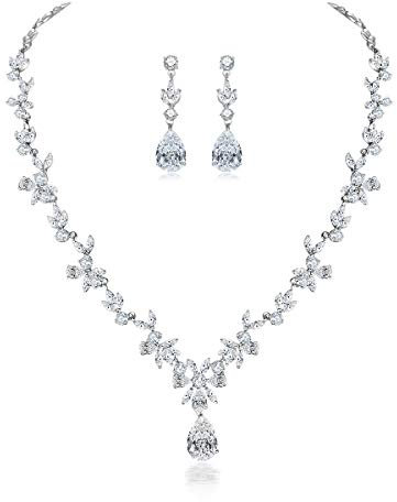 Shuxin Hochzeit Schmuckset für Damen, Silber-Ton Halskette & Ohrringe & Set, Weißgold Plattiert Blumen Braut Schmuck Set mit 5A Weiß Zirkonia, Allergenfrei Hochzeitsschmuck für Braut Brautjungfern