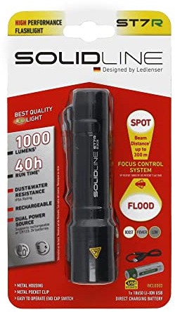 Solidline ST7R, super helle LED Taschenlampe, fokussierbar, 250 Lumen, 180, Leuchtweite, 8h Leuchtdauer, inkl. Batterien und Ladekabel