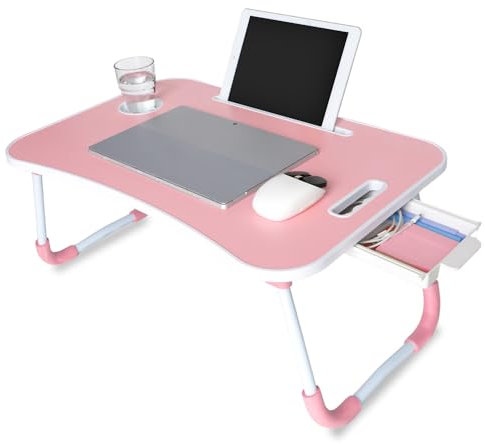 unycos - Bandeja para Cama, Mesa Plegable de Desayuno, Ideal para Portátil, Ordenador y Libros, Ergonómica, Mesa Auxiliar con Atril para Leer en la Cama 60x40x26 cm (Rosa con Cajón)