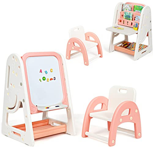 GOPLUS 2-in-1 Kindertafel, Kinderschreibtisch mit Stuhl, Höhenverstellbares Whiteboard, Schreibtisch mit Regalen&Aufbewahrungsablage, Klappbare Tischplatte, inkl. Markierstift&Tafelschwamm (Orange)