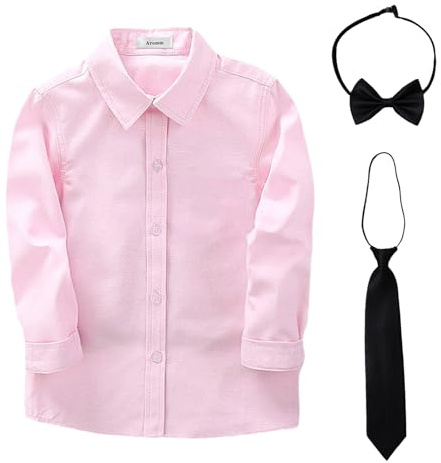 aromm Camisa Niño Uniforme Escolar con Corbata y Pajarita Abotonar Formal Manga Larga Sólido Oxford Camisa Rosa,4-5 Años