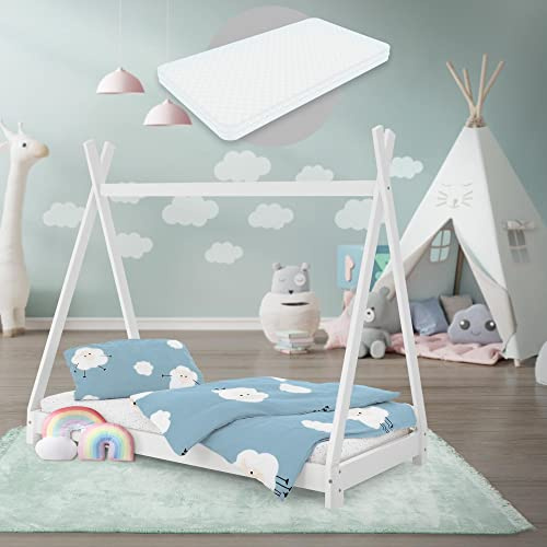 ML-Design Lit d'enfant Tipi 70 x 140 cm Blanc avec Matelas à Mousse Froide Hypoallergénique et Sommier à Lattes, Housse Amovible Respirant Lavable, Cadre de Lit Style Indien en Bois de Pin Massif