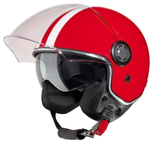 VINZ Parchi Jethelm mit Doppelvisier | Roller Helm Fashionhelm mit Streifen | In Gr. XS-XXL | Jet Helm mit Sonnenblende | ECE 22.06 Zertifiziert | Motorradhelm mit Visier - Rot