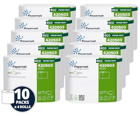 Papernet Bio Tech - Toilet Paper 420503 that Fights Bacteria and Cleans the Pipes, 10 Packs of 4 Rolls of Pure Cellulose, 2 Plies, 210 Sheets, Roll Length 23.1m Each, Paper Packaging, Made in the UK