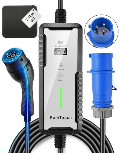 RamTouch Ladekabel Elektroauto Blau CEE 32A auf Typ 2 (7,4 kW, 1-phasig, 8,5 m), IP65 Mobile Wallbox CEE mit 6A-32A Einstellbar und Timer & Verzögerung, EV-Ladegerät mit LCD für E-Autos & PHEV