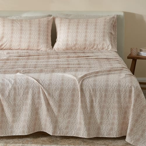 Vintage Comfort 100% Turkish Cotton Full Flannel Sheets Set | Taupe Farmhouse, Soft Flannel Sheets | Warm, Double Brushed Bed Sheets (Full, Geometric - Natural)