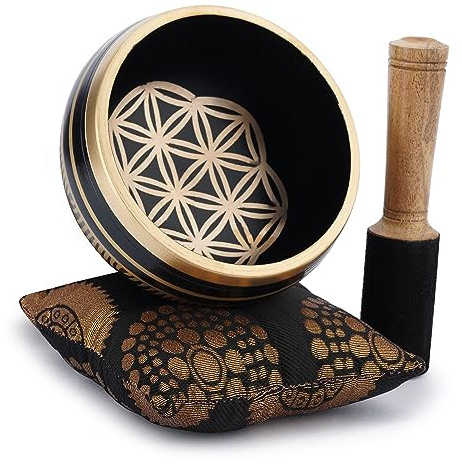 Ajuny Tibetan Singing Bowl Set Handmade Brass Sound Bowl with Mallet & Cushion Flower of Life Design Meditation Yoga Mindfulness & Chakra Healing Therapy Stress Relief Gift (Gold/Black, 4 In)