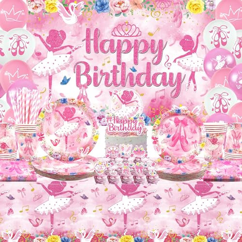 Ballet Party Tableware - Ballerina Plates, Cups, Napkins, Tablecloth, Happy Birthday Backdrop, Balloons, Cake Toppers for Girls' Dance Party Supplies