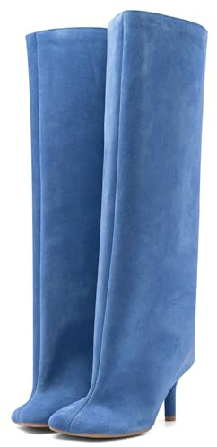 VOZTOLLS Knee High Boots for Women Square Toe Kitten Heel Tall Boots Suede Wide Calf Pull-on Comfortable Fashion Dress Heeled Long Boots Blue Size 11