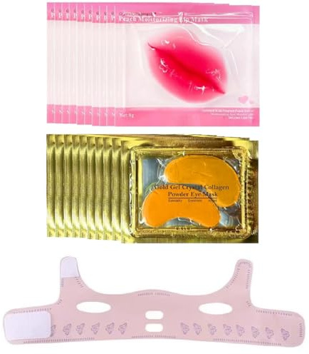 20 Pairs Lip Masks & Eye Masks,V- Face Lift Strap, 24K Gold Gel Crystal Collagen Eye Pads,Moisturizing Lip Mask Crystal Pads,Under Eye Patches for Dark Circles,Eye Bags, Wrinkles, Full face care