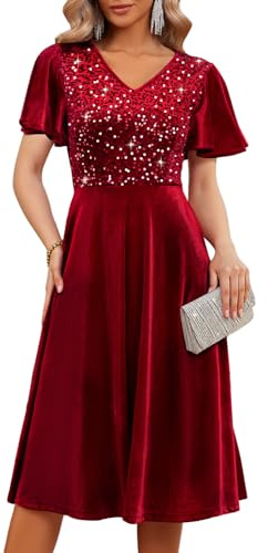 Bridesmay Women's Red Sequin Velvet Dress, Elegant Short Sleeve A-Line Formal Cocktail Party Dress for Christmas, New Year, Evening Gala (DarkRed, L)