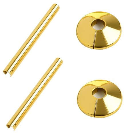 2 Pack Gold Radiator Pipe Covers & 2 Pack Gold Radiator Pipe Collars, Easy Fit Decorative Trim Kit, for Towel Rail and Bathroom