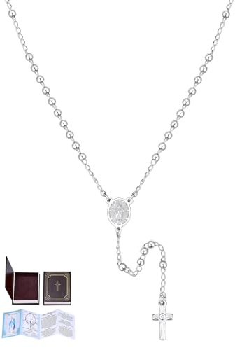 U7 Collar Rosario de Mujer Acero Inoxidable con Cuentas de 3mm Plata Rosario Collar de Mujer Cruz Cadena 46cm + 7,8cm con Libro de Oraciones, Manual y Caja de Regalo