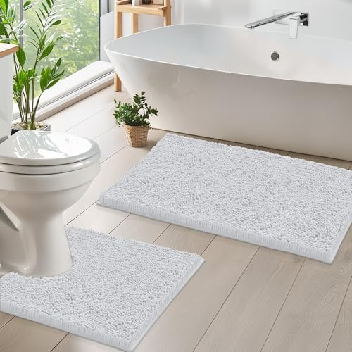 LuxUrux Luxury Chenille (2-Piece) Bath Mat Set, Soft Plush Anti-Slip Rug + Toilet Mat.1'' Microfiber Shaggy Carpet, Super Absorbent (White, 80 x 50 cm + U Shaped 50 x 50 cm)