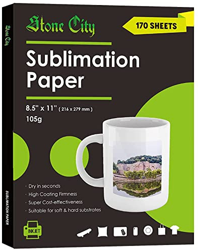 Stone City Sublimation Paper 170 Sheets 105g for Heat Transfer Light Fabric, T Shirt, Mug, Tumbler, Compatible with Inkjet Printer with Sublimation Ink