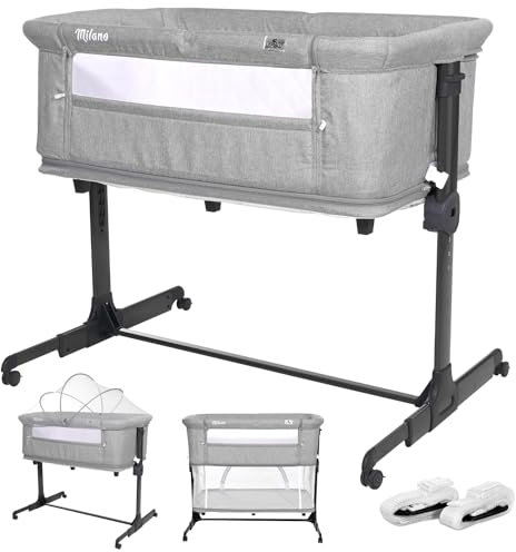 Lorelli Baby Beistellbett Milano 2 in 1, Reisebett, Babybett, Stubenwagen mit faltbaren Seitenwand, höhenverstellbare Babywiege mit Matratze, faltbar, Zustellbett, Rollen, 0-6 Monate, grau