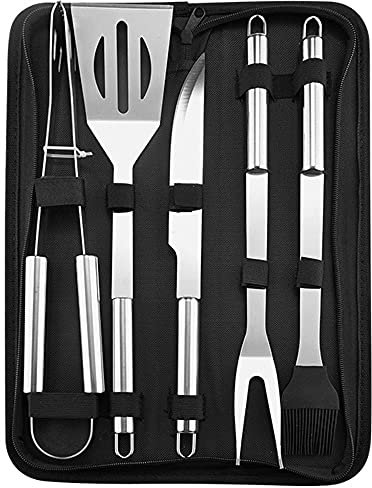 ANCLLO - Set di accessori per barbecue, multifunzionali, in acciaio inox, per barbecue, per picnic, campeggio, fumo, grigliate, 5 pezzi