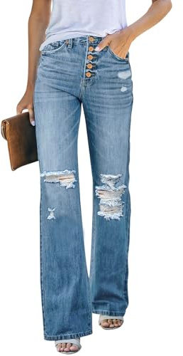 LookbookStore Frayed High Waisted Straight Leg Jeans Stretch Ripped Pants Lapis Air Size Medium Fits Size 8 Size 10