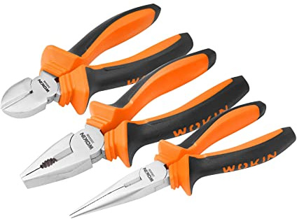WOKIN - Set di 3 pinze combinate resistenti, pinze a becco lungo e taglierine laterali, struttura in acciaio resistente con manici morbidi, kit multiuso per uso domestico e professionale