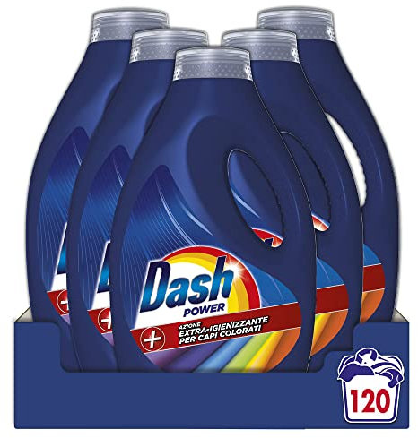 Dash Power Detersivo Lavatrice Liquido, 120 Lavaggi (5x24), Azione Extra-Igienizzante Per Capi Colorati, Contro Sporco e Batteri Per Un Pulito Igienizzato, Efficace Anche a Bassa Temperatura