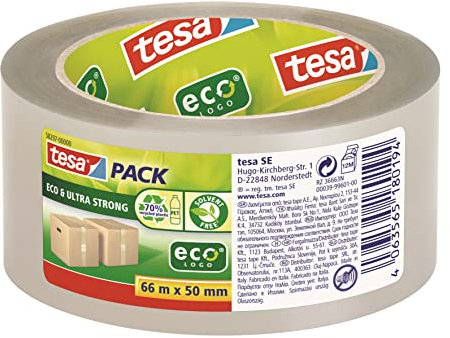 Tesapack ECO und ULTRA STRONG ecoLogo - transparentes Kunststoff-Packband mit extra starker Haftkraft - umweltfreundliches Klebeband, lösemittelfrei hergestellt - 66 m x 50 mm (12 Rollen)