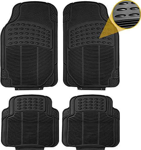 CUQOO 4 Piece Universal Rubber Car Mats - Heavy Duty, Non-Slip All Weather Mats for Cars, SUVs, Trucks & Vans, Waterproof, Easy to Clean, with Deep Grooved Design for Extra Durability