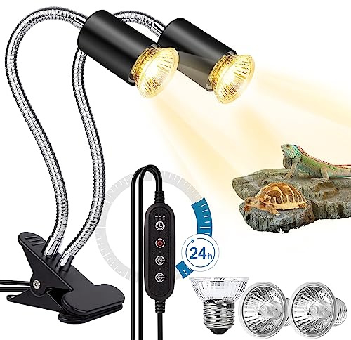 Buddypuppy Reptile Heat Lamp, Double-Head Reptile Light Timer, UVA UVB Reptile Light with Clamp for Tortoise, Leopard Gecko, Bearded Dragon, Lizards and More, E26/27 Base with 3 Bulbs