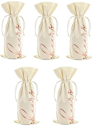 Libetui 5 Flaschenbeutel Flaschentüten Geschenktüten Cheers Hochzeit Feier Party, für Wein Prosecco Roséwein Rose und Champagner, Farbe Natur, aus Baumwolle