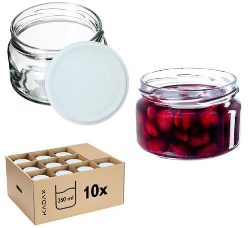 KADAX Lot de 10 petits pots à confiture avec couvercles hermétiques, 250 ml, idéaux comme cadeau pour miel et épices, blancs