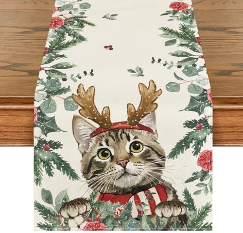 Artoid Mode Holly Flowers Antler Cat Eucalyptus Christmas Table Runner, Seasonal Xmas Winter Kitchen Dining Table Decor for Home Indoor 40x240 cm