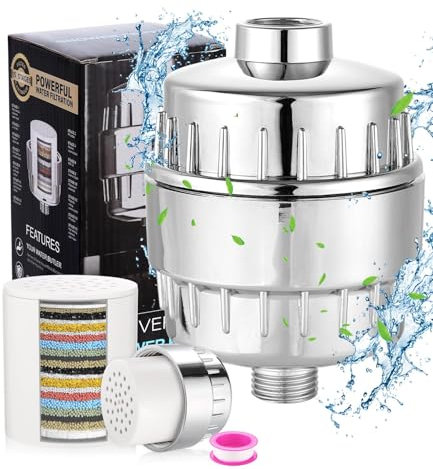 25 Étapes Filtre de Douche,Filtre Douche Anti Calcaire avec vitamine C,Adoucisseur d'eau Douche,Filtre Pommeau Douche avec 2 Cartouches 1 Teflon ruban adhésif,Shower Filter pour éliminer chlore,métaux