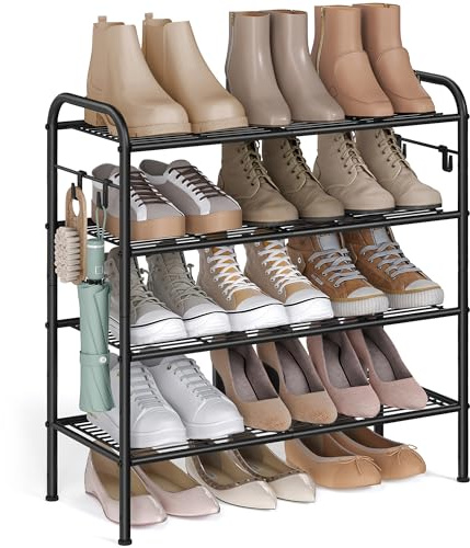 SONGMICS Scarpiera, Scaffale Porta Scarpe a 4 Ripiani Regolabili in Altezza, in Metallo con 4 Ganci, Contiene 10 Paia di Scarpe, per Ingresso, Corridoio, Armadio, Montaggio Facile, Nero Inchiostro