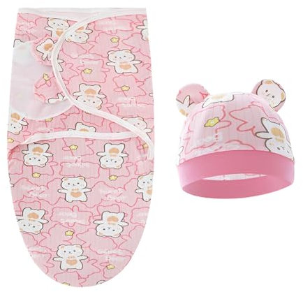 AUSYIWI Pucksack Baby 0–5 Monate, Baby Pucktuch für Neugeborenen Kleinkinder, Babyschlafsack mit Mütze, Wickeltuch für Säuglinge 100% Bio-Baumwolle Swaddle Decke (Rosa)