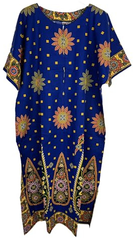 Kiran Fashion Ladies 100% COTTON Long Kaftan Dress Summer Ethnic Print Beach Cover One Size (100% Cotton, Blue)