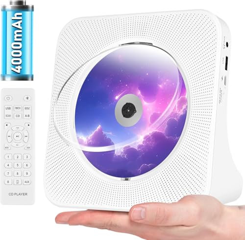 Lettore CD Portatile Ricaricabile da 4000 mAh, Radio Lettore CD Bluetooth con Doppio Altoparlante HIFI Incorporato, Telecomando, Timer, Auricolari, Riproduzione USB/AUX, Bianco