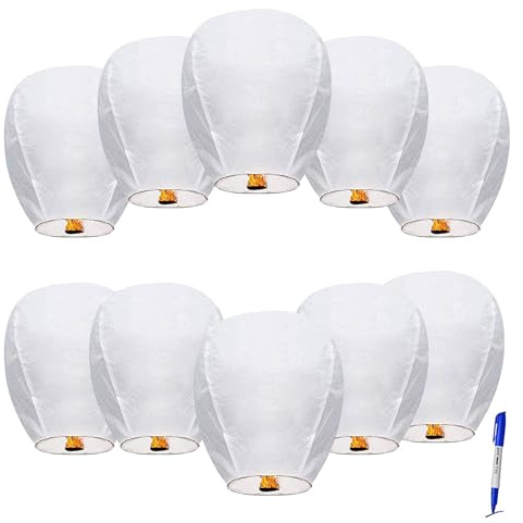 Linternas chinas, 10 unidades + 1 marcador, linternas de cielo blanco para liberar en la memoria, linternas flotantes biodegradables para bodas, cumpleaños, conmemorativos y festivales, fáciles de