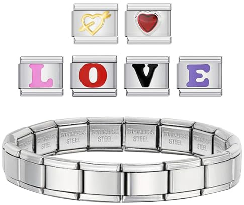 arrderly Italian Charms Bracelet, 9mm, Silber, Unisex, mit 6 zusätzlichen Italian Charms, Buchstabenmodule von LOVE und herzförmige Muster, Edelstahl, Abnehmbar, Flexibel und frei einstellbar