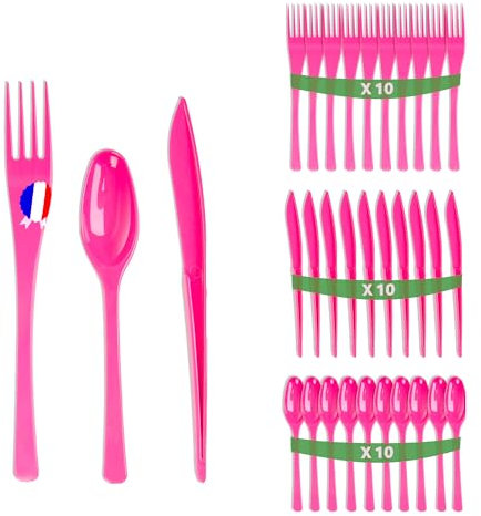 Set 30 couverts fuchsia en plastique dur - Fabriquée en France - Ménagère rose de 10 fourchettes, 10 couteaux, 10 cuillères - Réutilisables et recyclables - Passe au lave vaisselle - Table'Colors