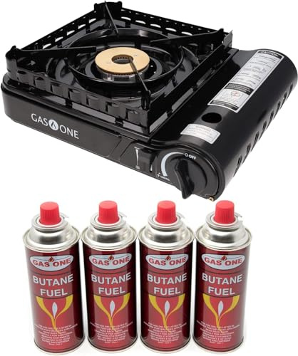Gas One 15,000 BTU Propane or Butane Stove Dual Fuel Stove Portable Camping Stove - Patented - with Carrying Case Great for Emergency Preparedness Kit (Stove + 4 Fuel)