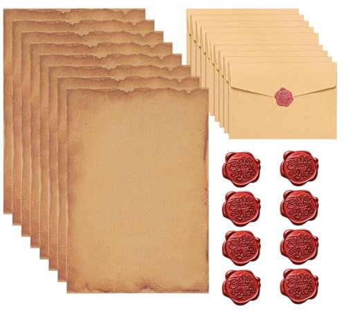24 Stück Liebesbrief Set, mit 8 Kraftpapier Umschläge, 8 B6 Briefpapier und 8 Wachssiegel-aufkleber, umschlag briefpapier set, für Geburtstag, Hochzeits Einladung Grußkarten, Valentinstag