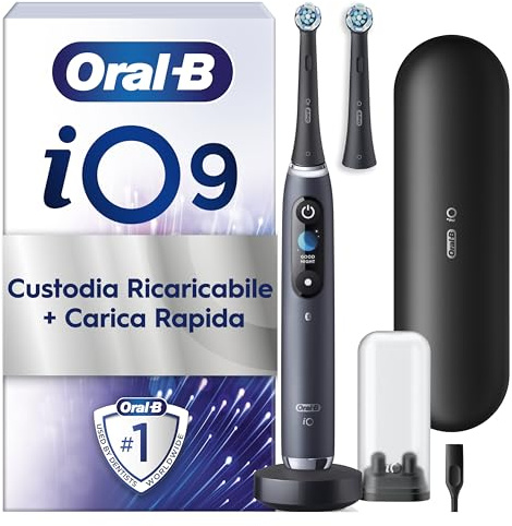 Oral-B iO 9 Cepillo de Dientes Eléctrico, con 2 Cabezales, Negro - Cepillo Dental con Sensor de Presión, 7 Modos de Cepillado, Estuche Cargador de Viaje Y Funda Magnética, Carga Rápida