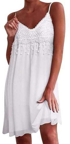 Zeagoo Robes d'Été Femme Dentelle Spaghetti d'Été Courte sans Manches Boho de Plage avec Franges Décolleté en V Robe Décontractée